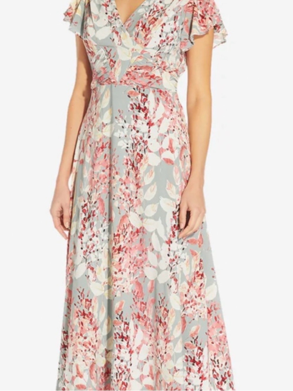 Adrianna Papell Dusty Blue Floral V-Neck Maxi Dress